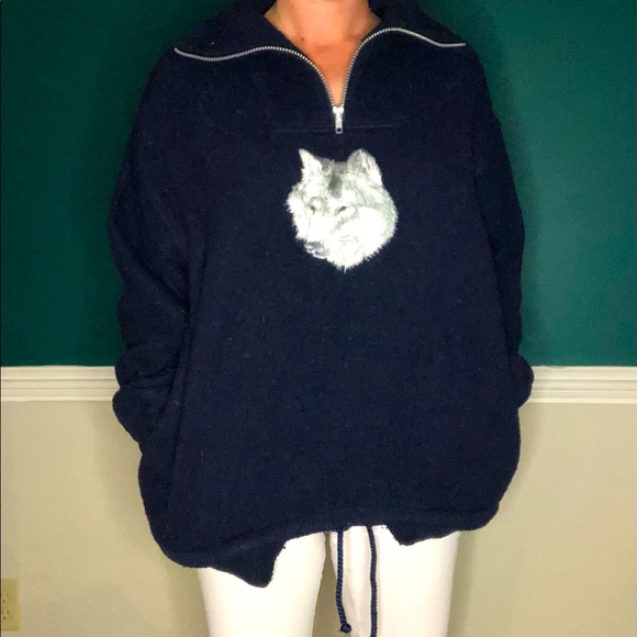 Vintage navy blue wolf embroidered fleece pullover - Picture 1 of 10